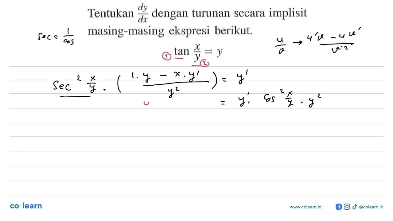 Tentukan dy/dx dengan turunan secara implisit masing-masing