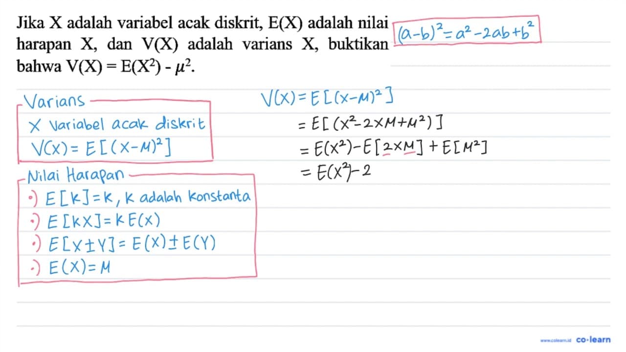 Jika X adalah variabel acak diskrit, E(X) adalah nilai