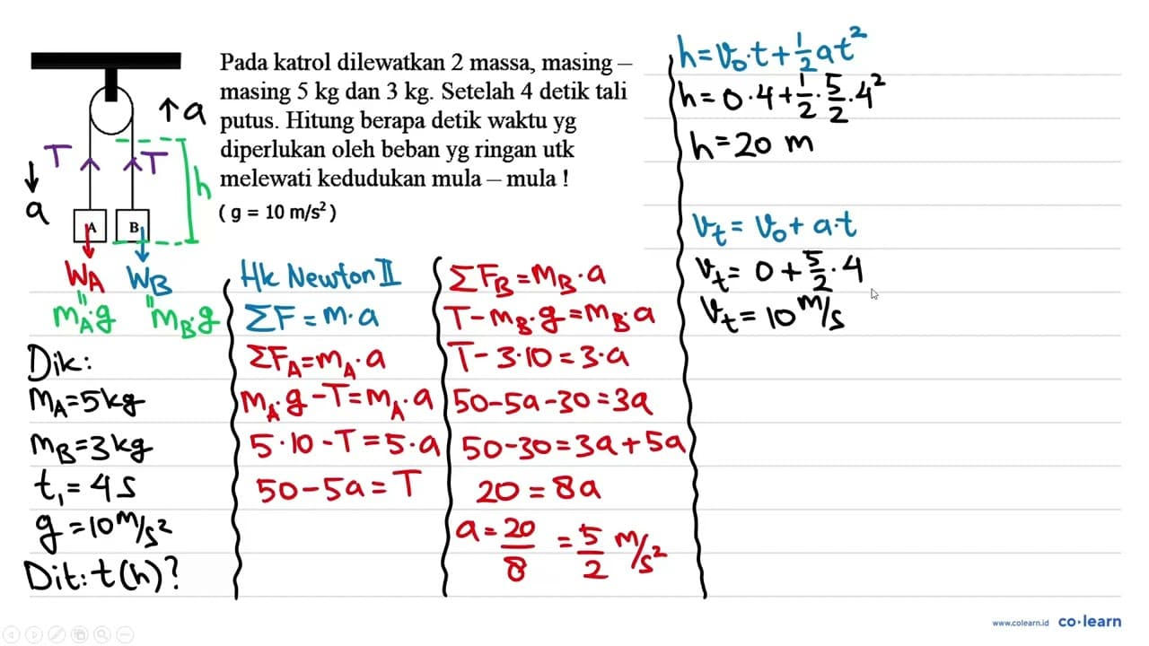 Pada katrol dilewatkan 2 massa, masing masing 5 kg dan 3 kg