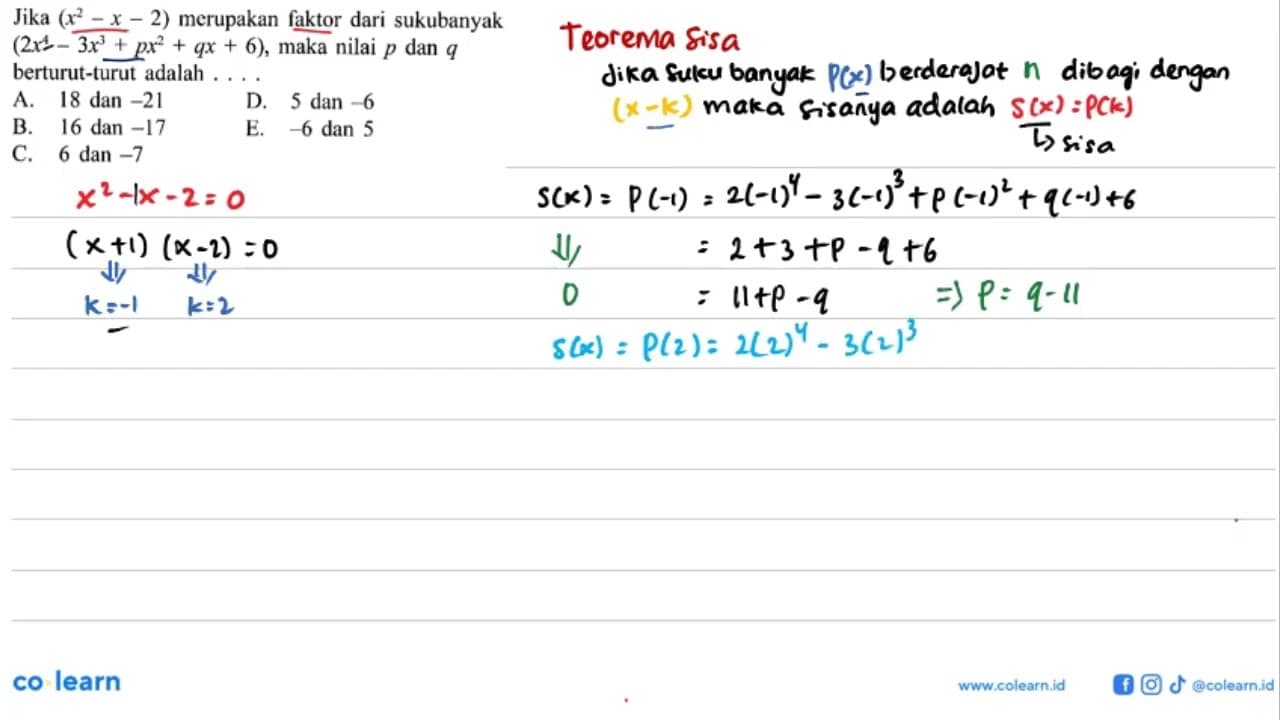 Jika (x^2-x-2) merupakan faktor dari sukubanyak