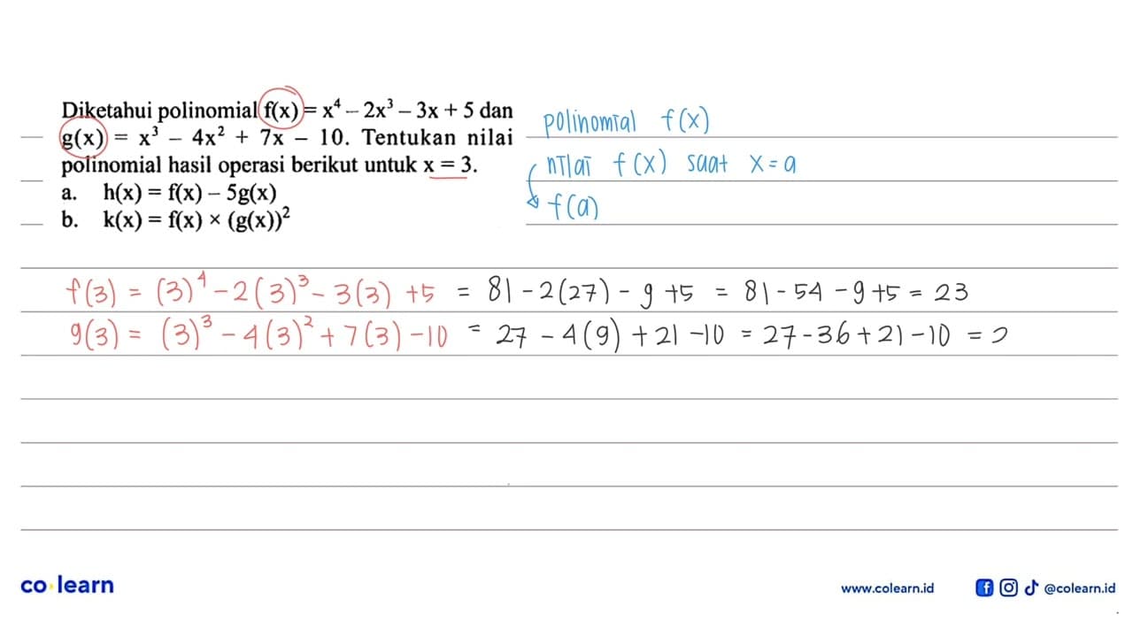 Diketahui polinomial f(x)=x^4-2x^3-3x+5 dan