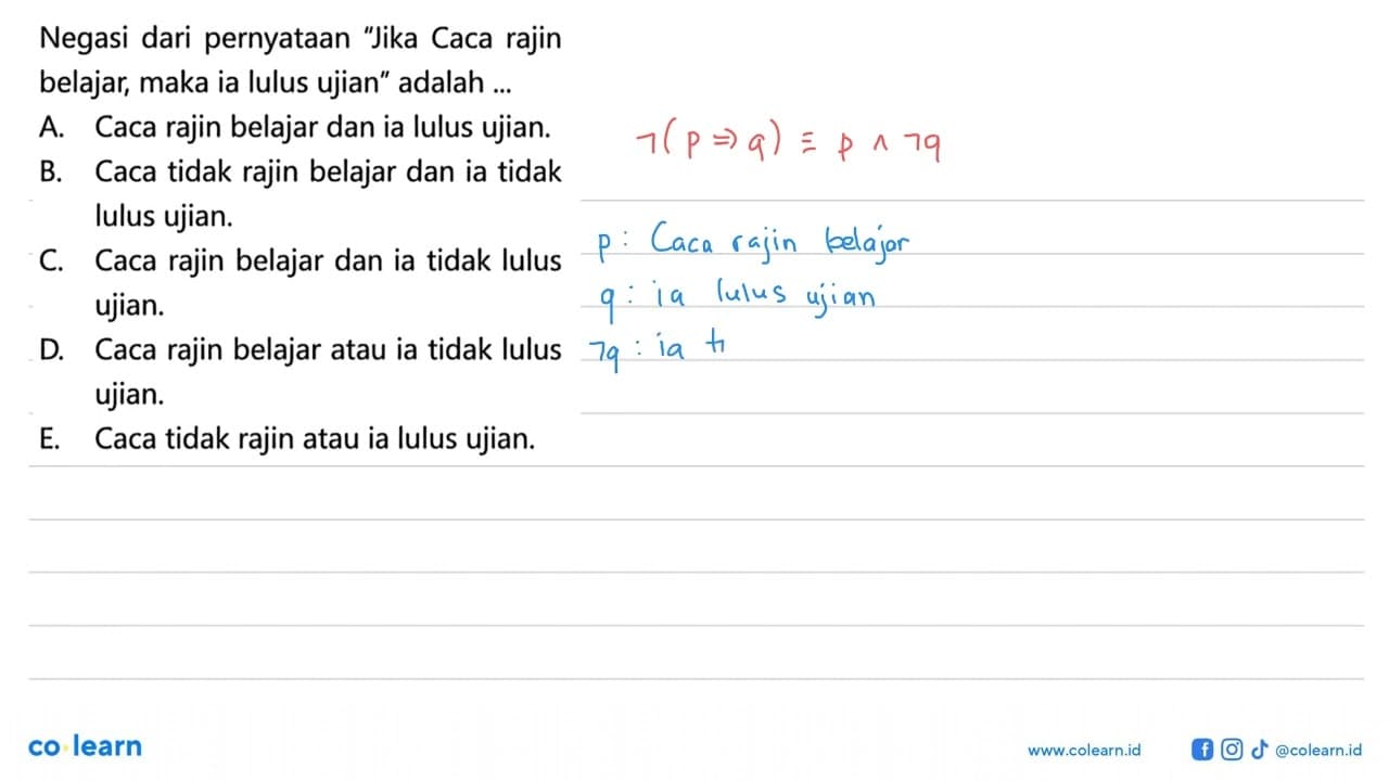 Negasi dari pernyataan 'Jika Caca rajin belajar, maka ia