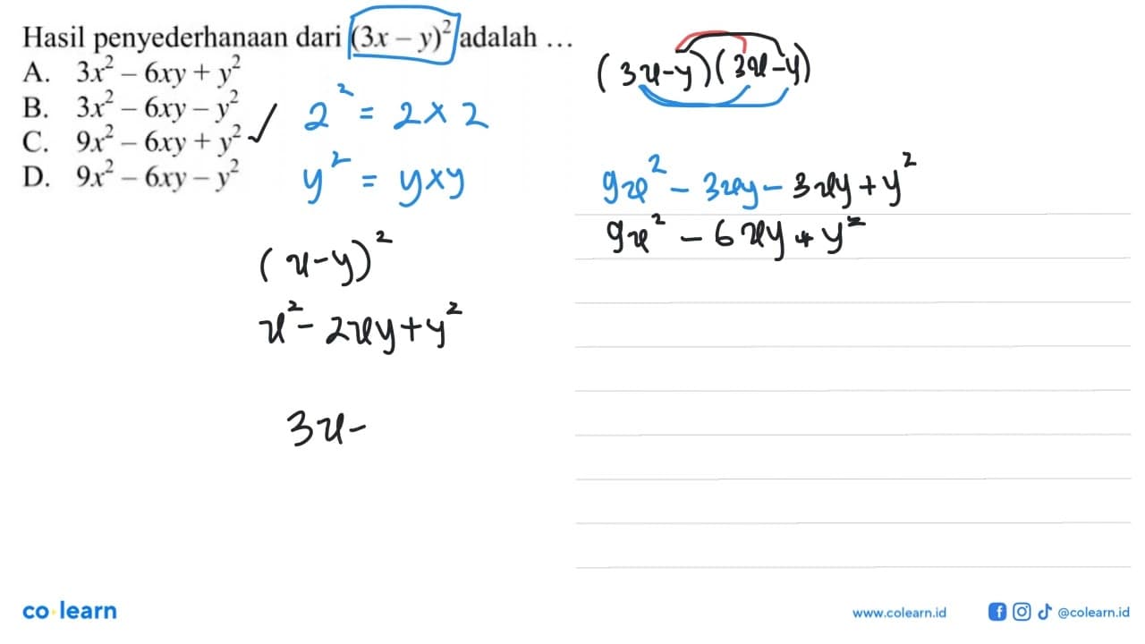 Hasil penyederhanaan dari (3x - y)^2 adalah ...