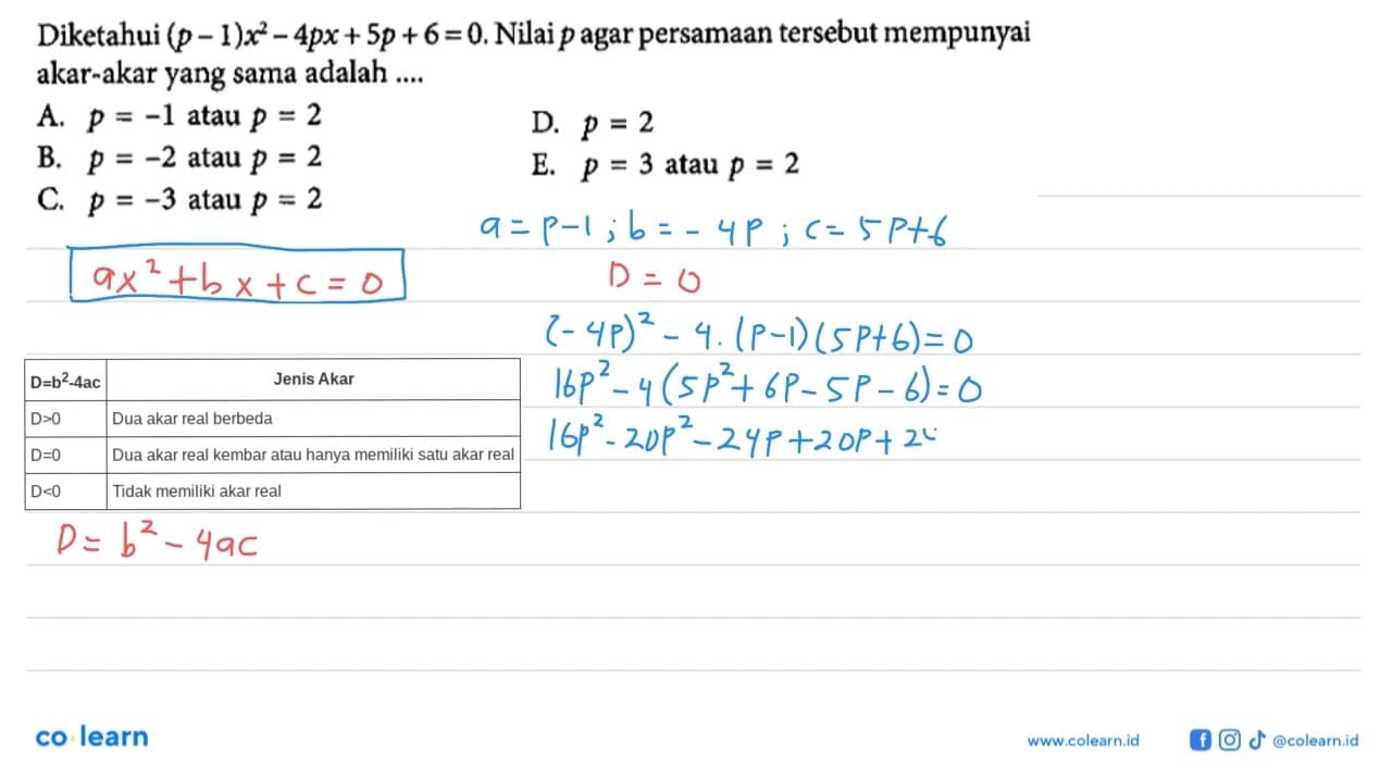 Diketahui (p-1)x^2-4px+5p+6=0.Nilai p agar persamaan