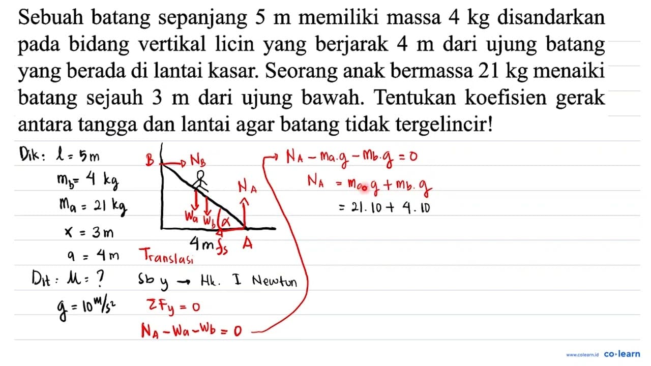 Sebuah batang sepanjang 5 m memiliki massa 4 kg disandarkan