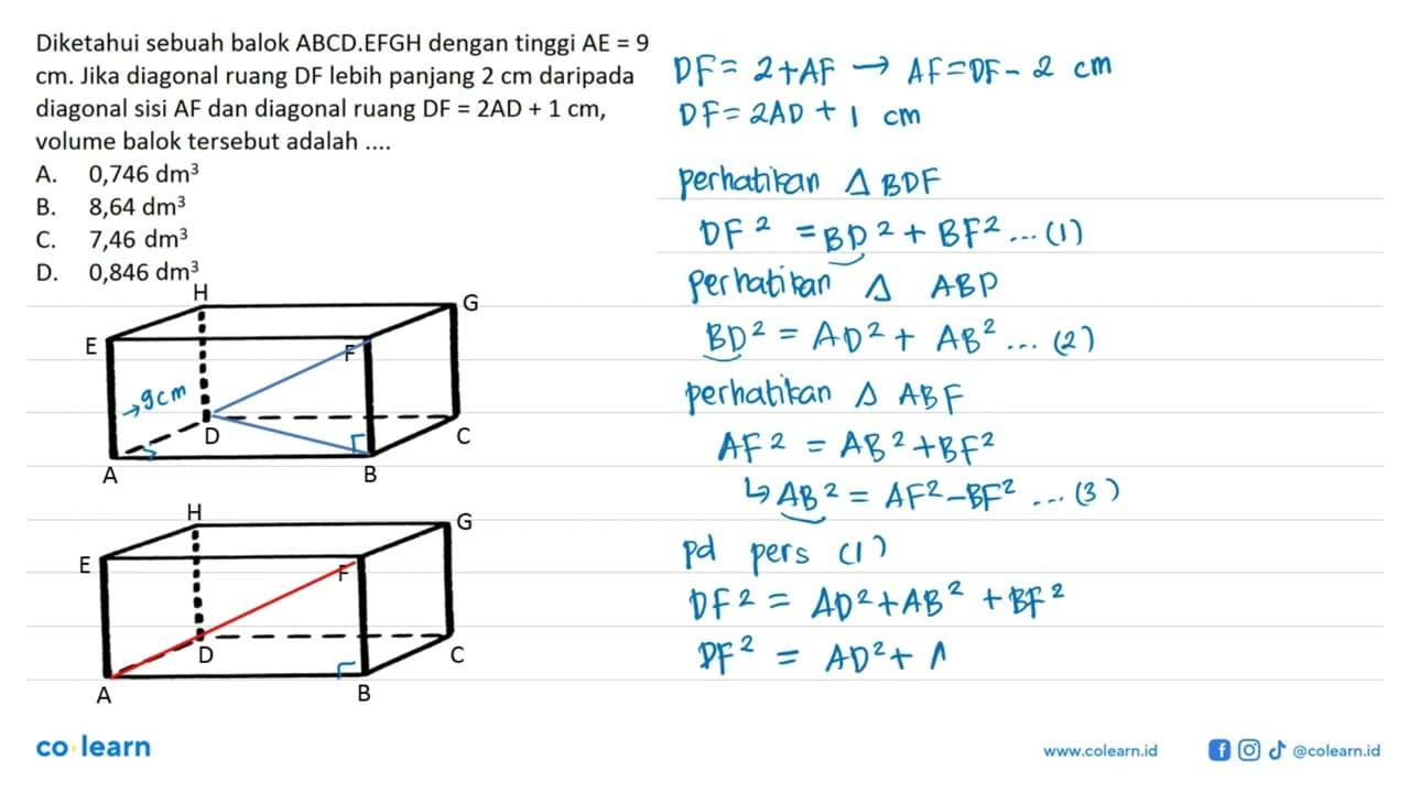 Diketahui sebuah balok ABCD.EFGH dengan tinggi AE=9 cm .