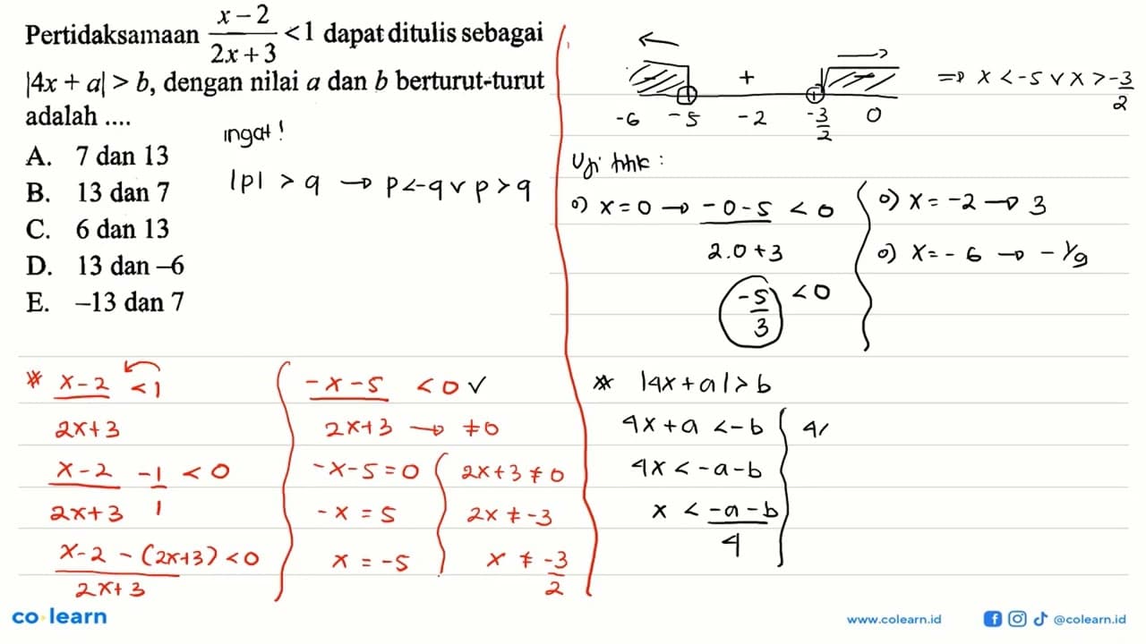 Pertidaksamaan (x-2)/(2x+3)<1 dapat ditulis sebagai