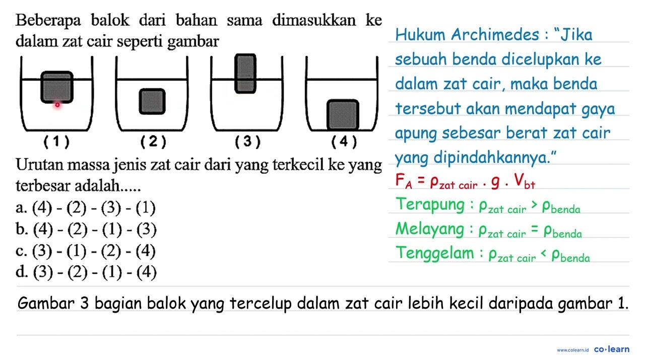 Beberapa balok dari bahan sama dimasukkan ke dalam zat cair