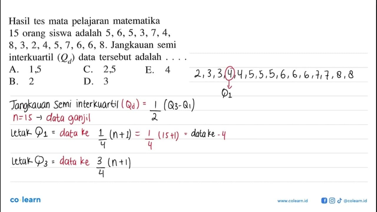 Hasil tes mata pelajaran matematika 15 orang siswa adalah