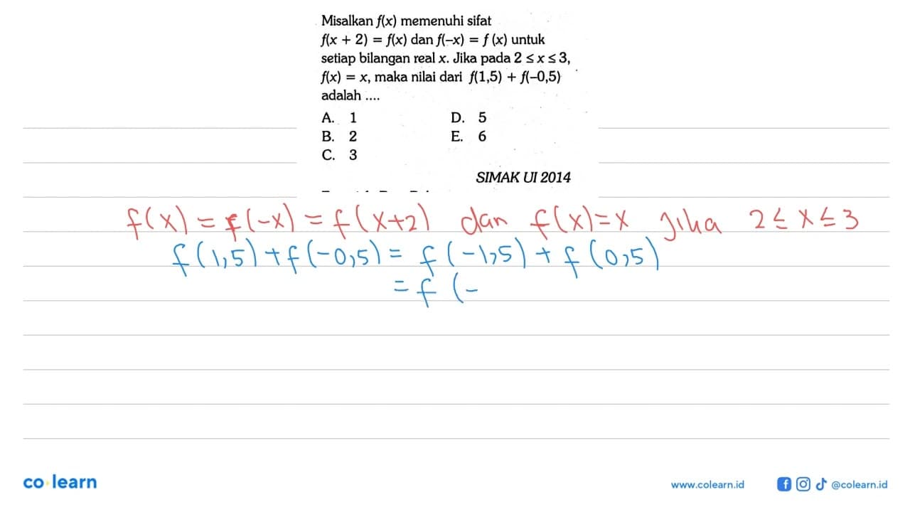 Misalkan f(x) memenuhi sifat f(x+2)=f(x) dan f(-x)=f(x)