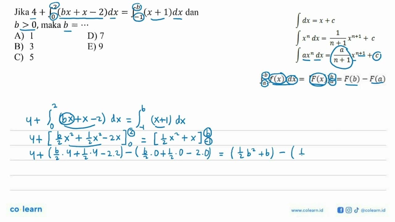 Jika 4+integral 0 2 (bx+x-2) dx=integral -1 b (x+1) dx dan