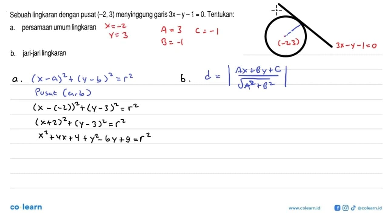 Sebuah lingkaran dengan pusat (-2,3) menyinggung garis