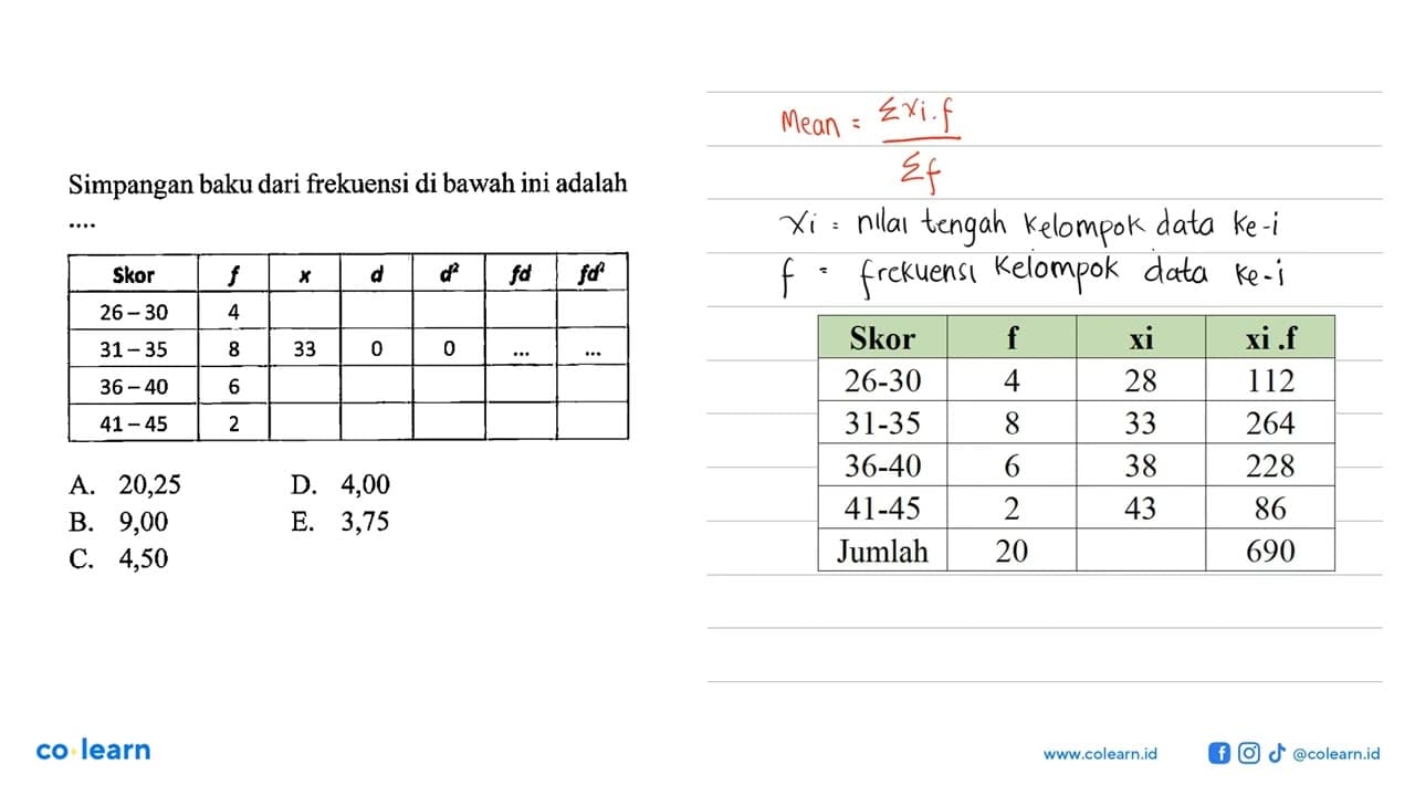 Simpangan baku dari frekuensi di bawah ini adalah Skor f x