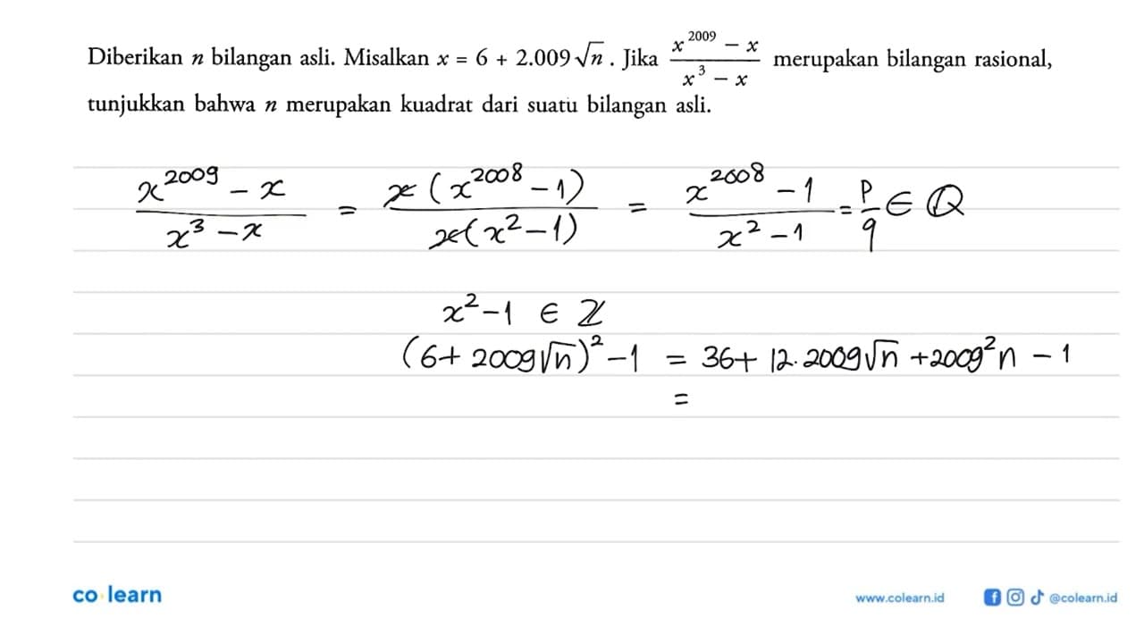 Diberikan n bilangan asli. Misalkan x=6+2.009 akar(n). Jika