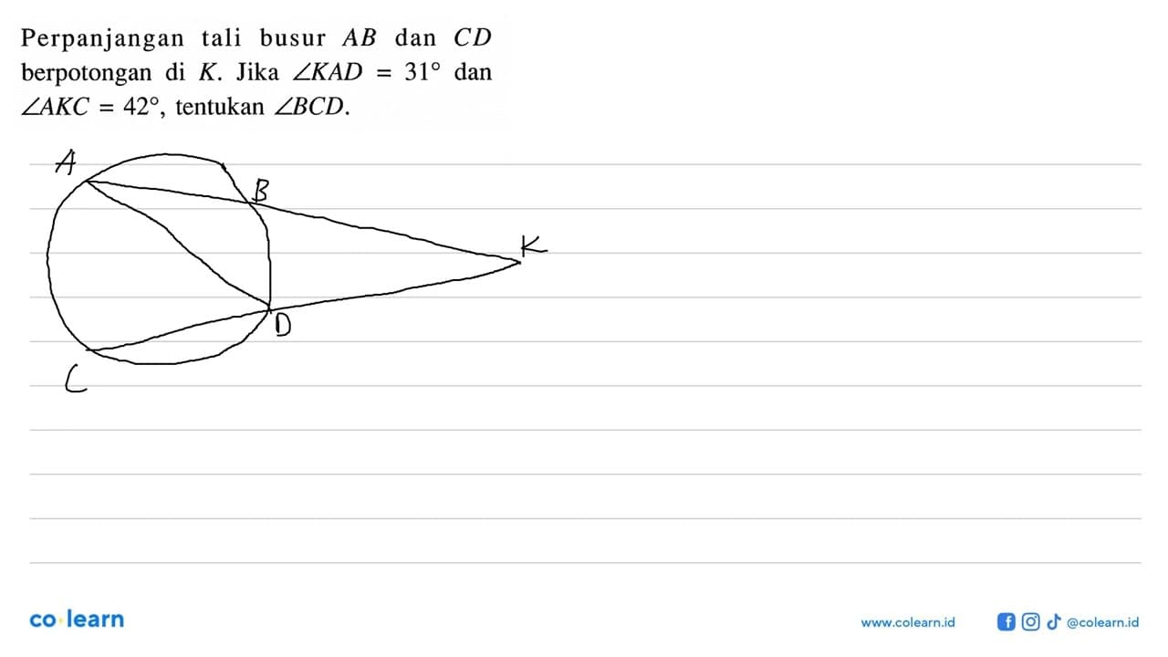 Perpanjangan tali busur AB dan CD berpotongan di K . Jika
