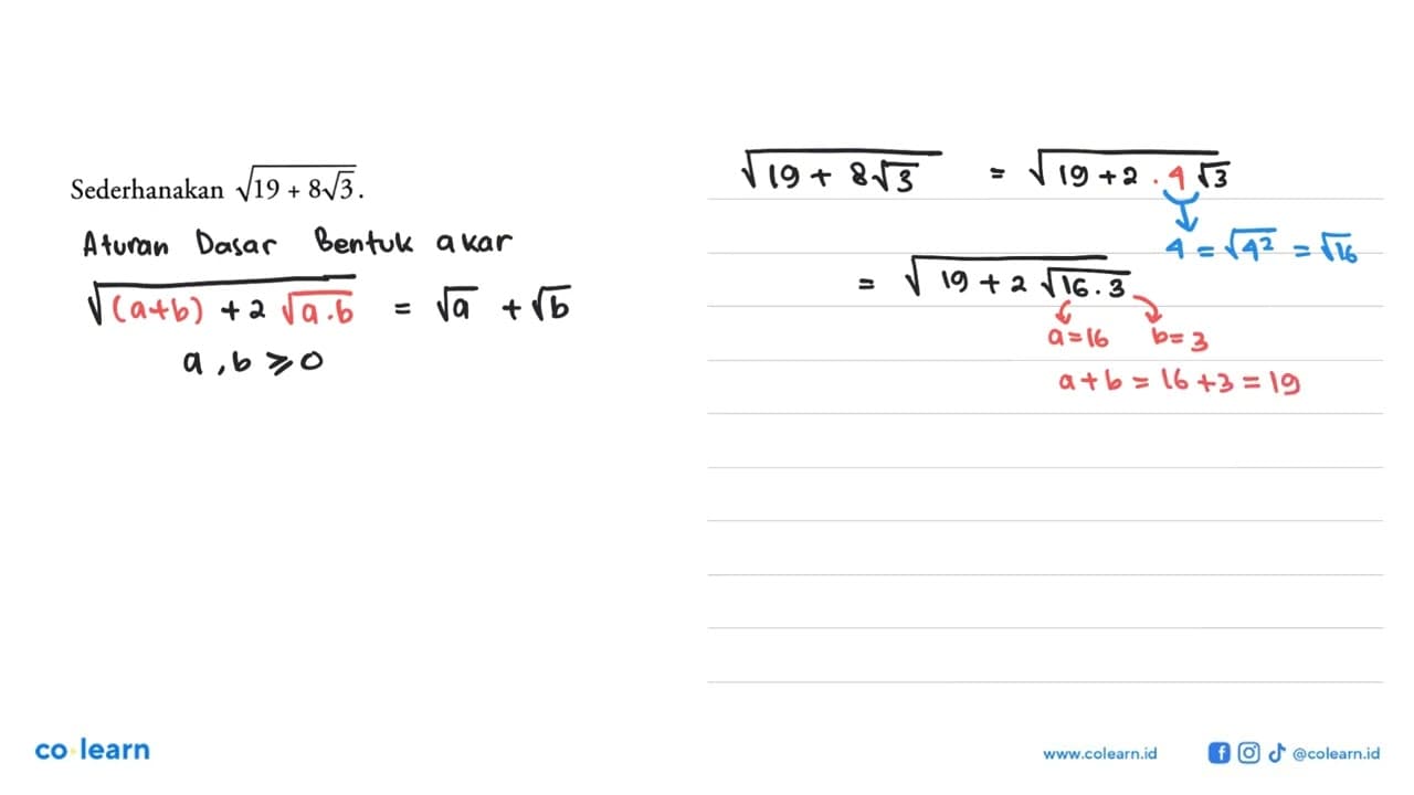 Sederhanakan akar(19+8akar3)