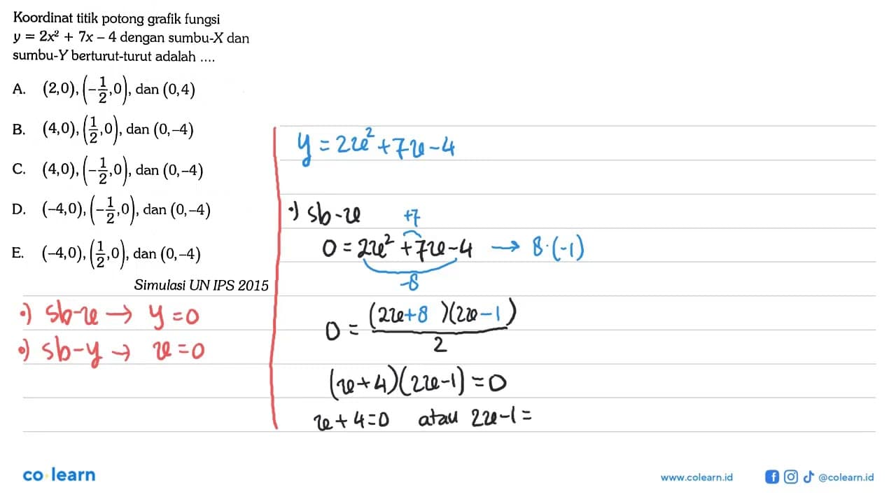 Koordinat titik potong grafik fungsi y=2x^2+7x-4 dengan