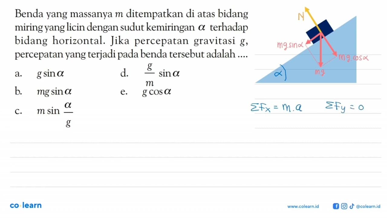 Benda yang massanya m ditempatkan di atas bidang miring