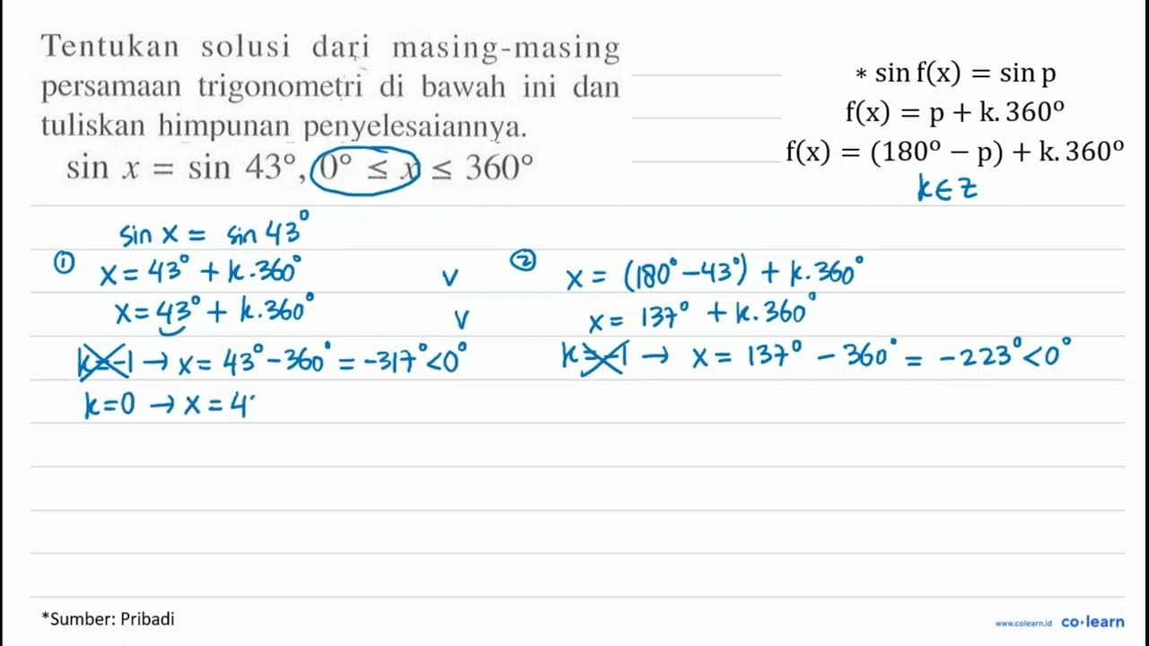 Tentukan solusi dari persamaan trigonometri di bawah ini