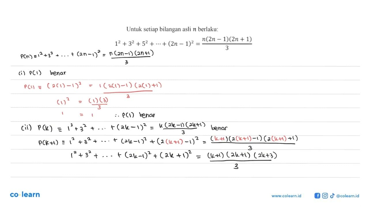 Untuk setiap bilangan asli n berlaku: 1^2+3^2+5^2+ ...