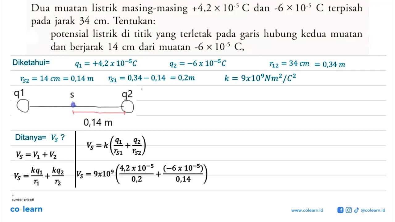 Dua muatan listrik masing-masing +4,2 x 10^)-5) C dan -6 x