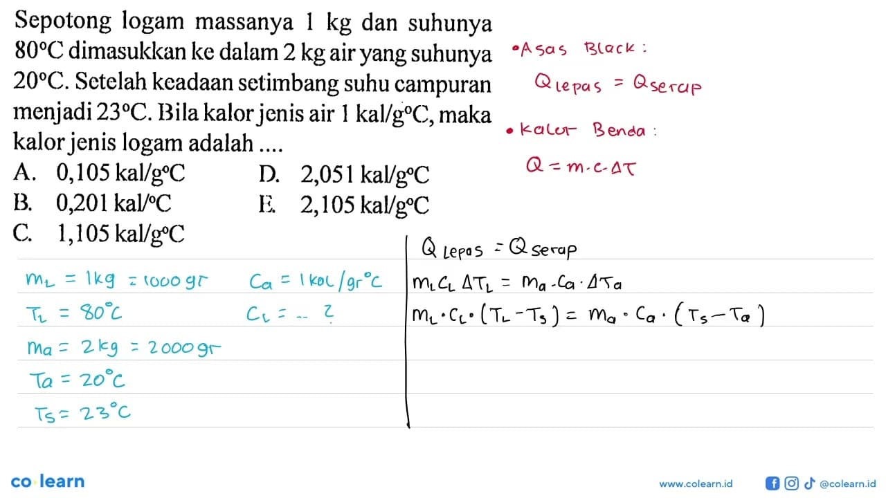 Sepotong logam massanya 1 kg dan suhunya 80 C dimasukkan ke