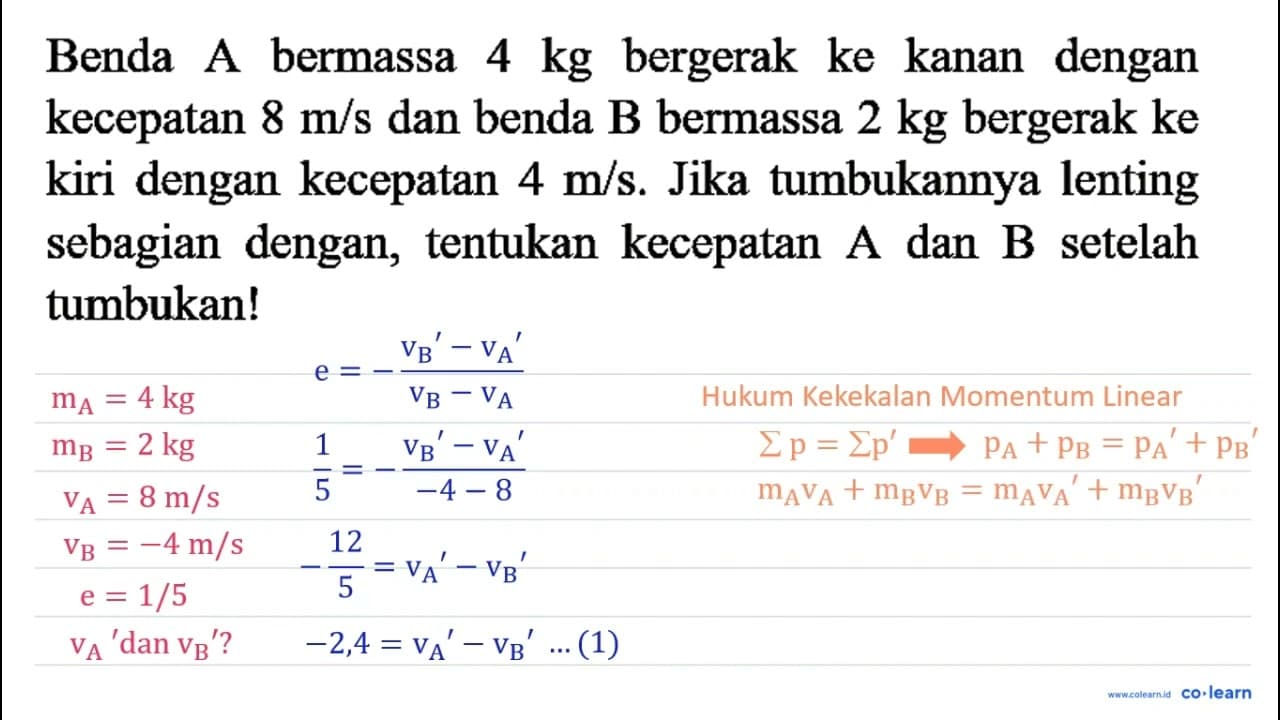 Benda A bermassa 4 kg bergerak ke kanan dengan kecepatan 8