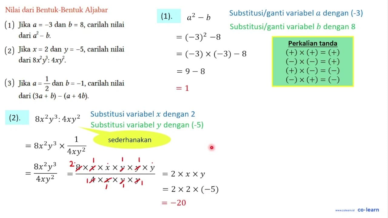 Nilai dari Bentuk-Bentuk Aljabar (1) Jika a = -3 dan b = 8,