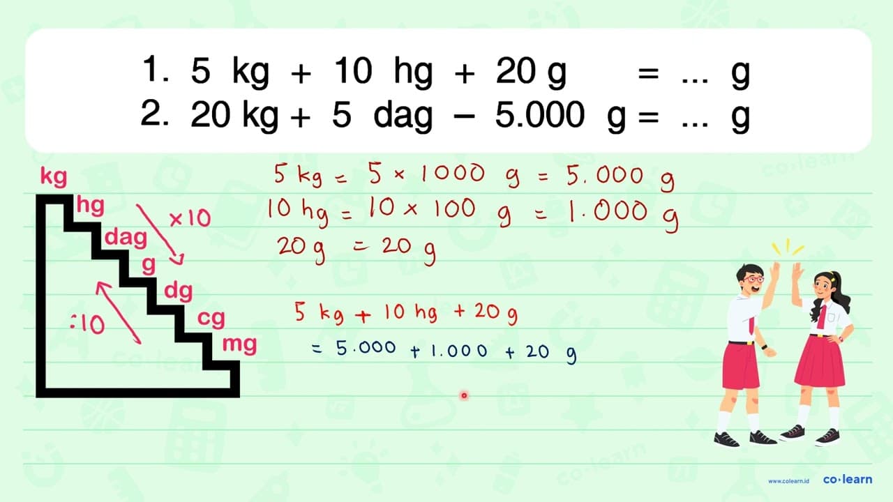 1. 5 kg + 10 hg + 20 g = ... g 2. 20 kg + 5 dag - 5.000 g =