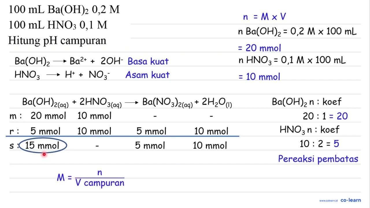 100 ~mL Ba(OH)_(2) 0,2 M 100 ~mL HNO_(3) 0,1 M Hitung pH