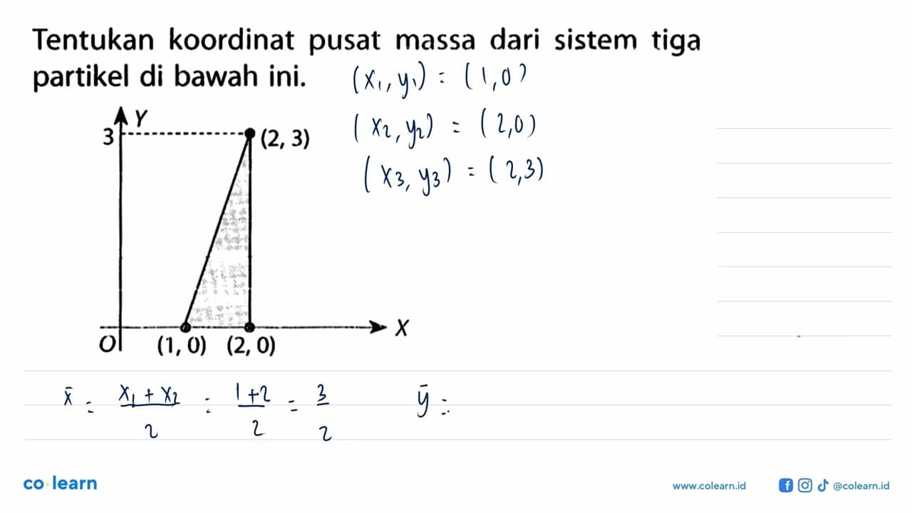 Tentukan koordinat pusat massa dari sistem tiga partikel di