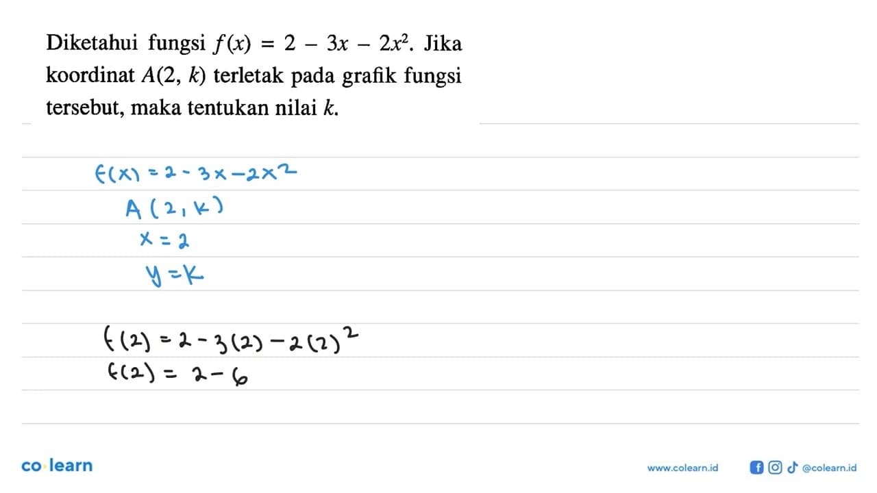 Diketahui fungsi f(x) = 2 - 3x - 2x^2. Jika koordinat A(2,