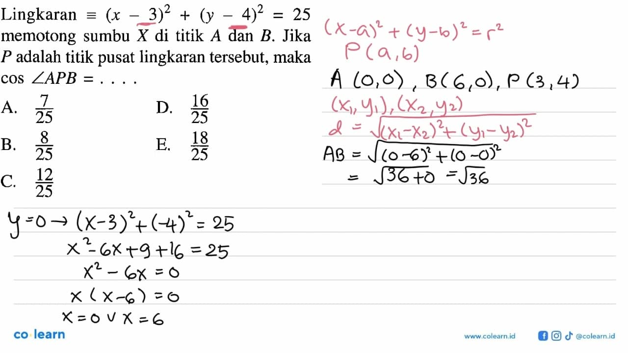 Lingkaran ekuivalen (x-3)^2+(y-4)^2=25 memotong sumbu X di