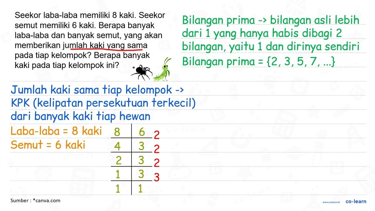 Seekor laba-laba memiliki 8 kaki. Seekor semut memiliki 6