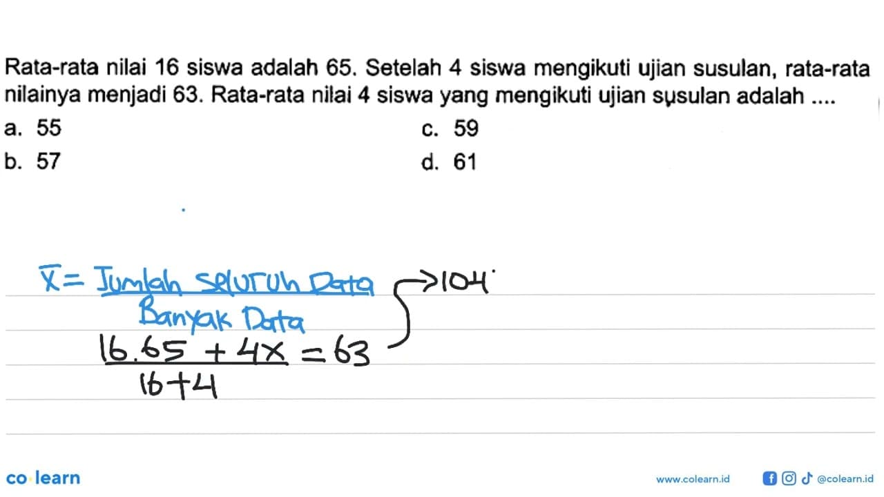 Rata-rata nilai 16 siswa adalah 65. Setelah 4 siswa