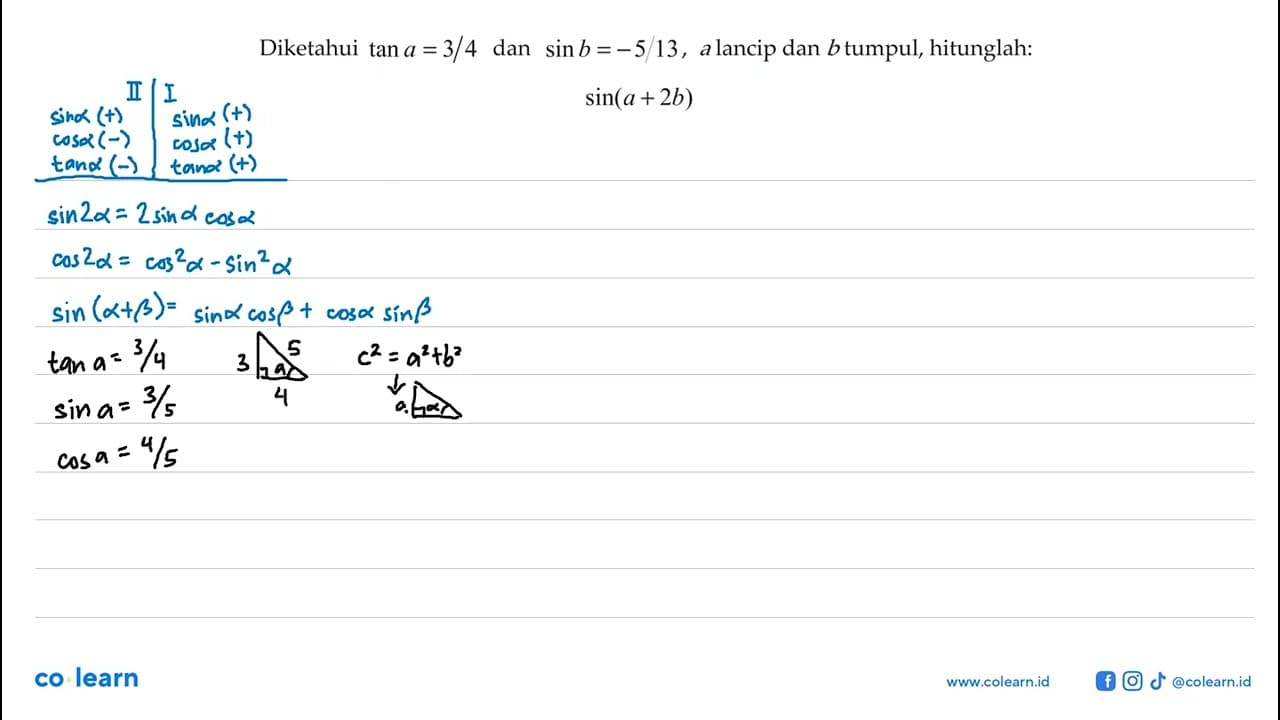 Diketahui tan a=3/4 dan sin b=-5/13, a lancip dan b tumpul,