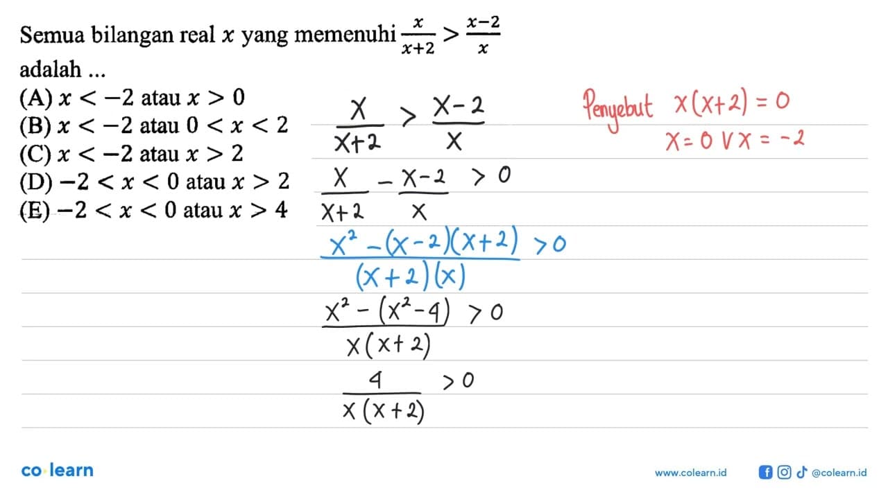 Semua bilangan real x yang memenuhi x/(x+2)>(x-2)/x adalah