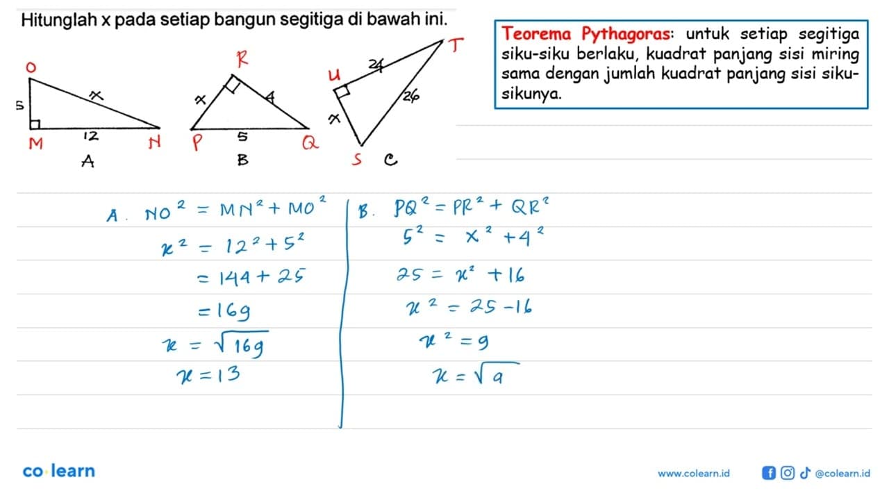 Hitunglah x pada setiap bangun segitiga di bawah ini. 5 x