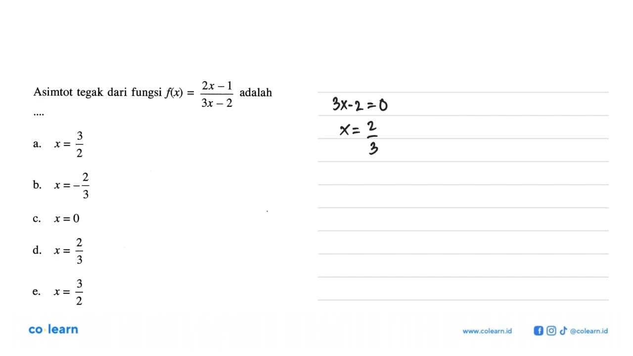 Asimtot tegak dari fungsi f(x)=(2x-1)/(3x-1) adalah ....