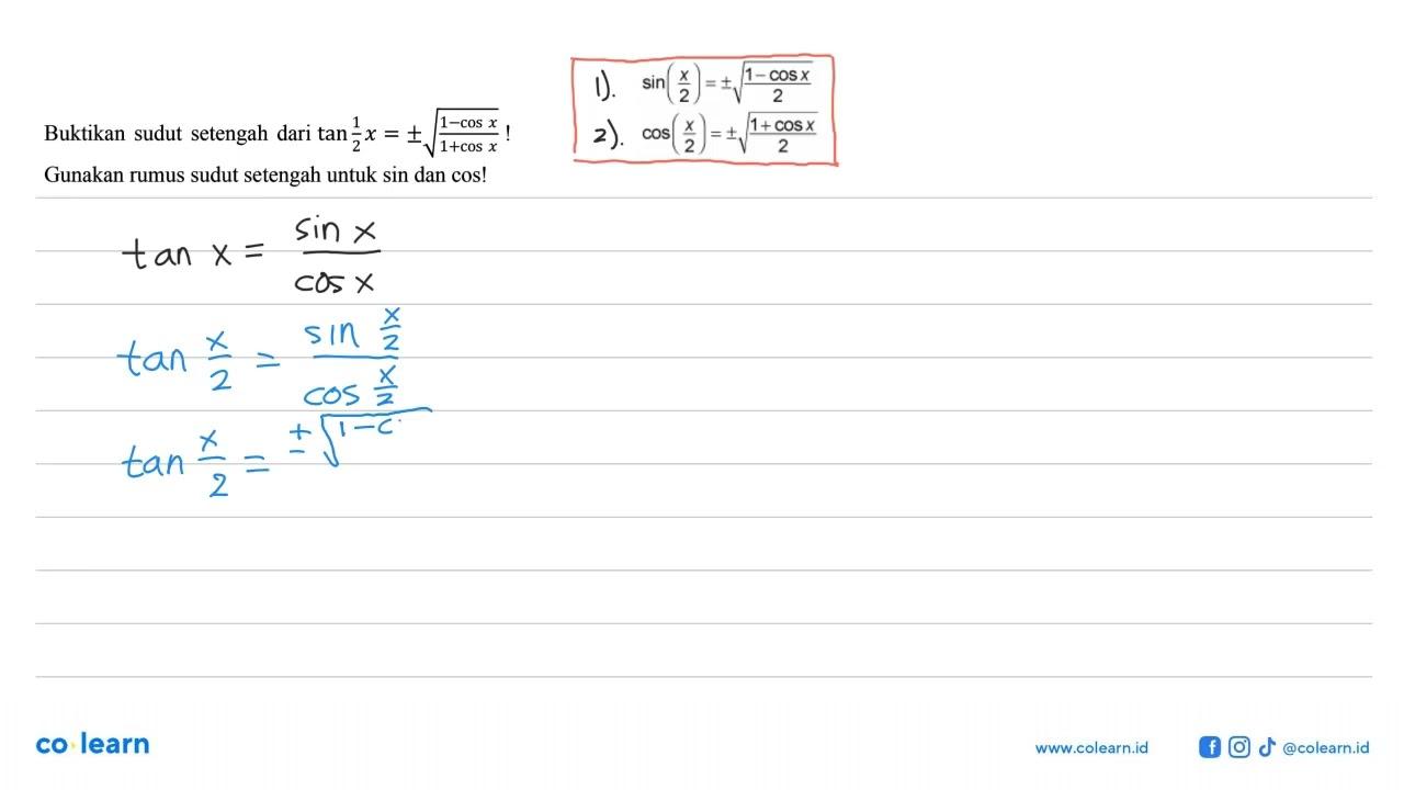 Buktikan sudut setengah dari tan(1/2 x) = +-