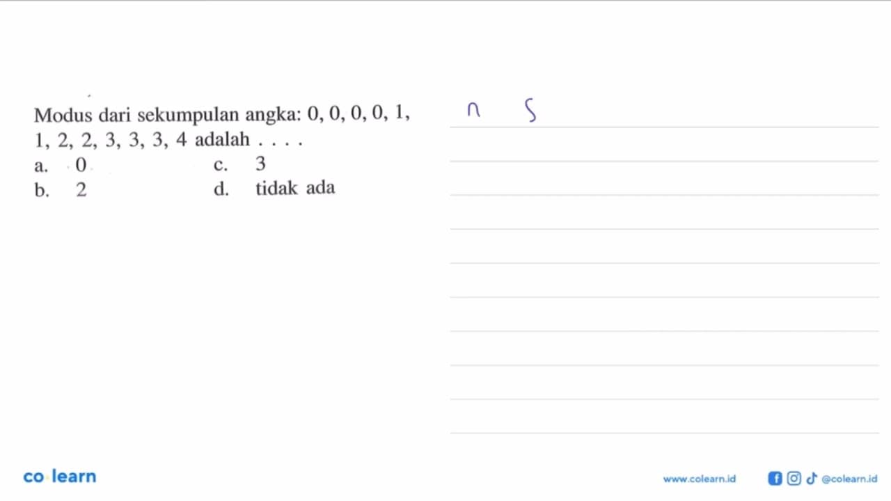 Modus dari sekumpulan angka: 0,0,0,0,1 , 1,2,2,3,3,3,4