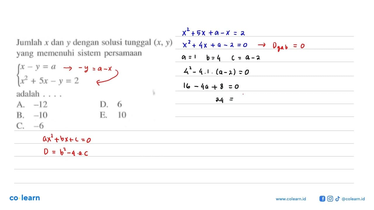 Jumlah x dan y dengan solusi tunggal (x, y) yang memenuhi