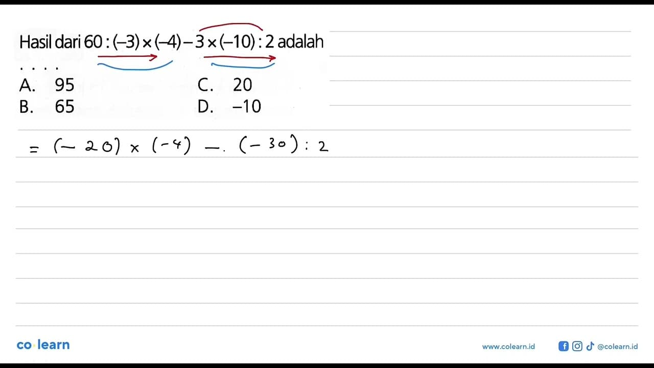 Hasil dari 60 : (-3)x(-4)-3x(-10) : 2 adalah A .95 C. 20 B.