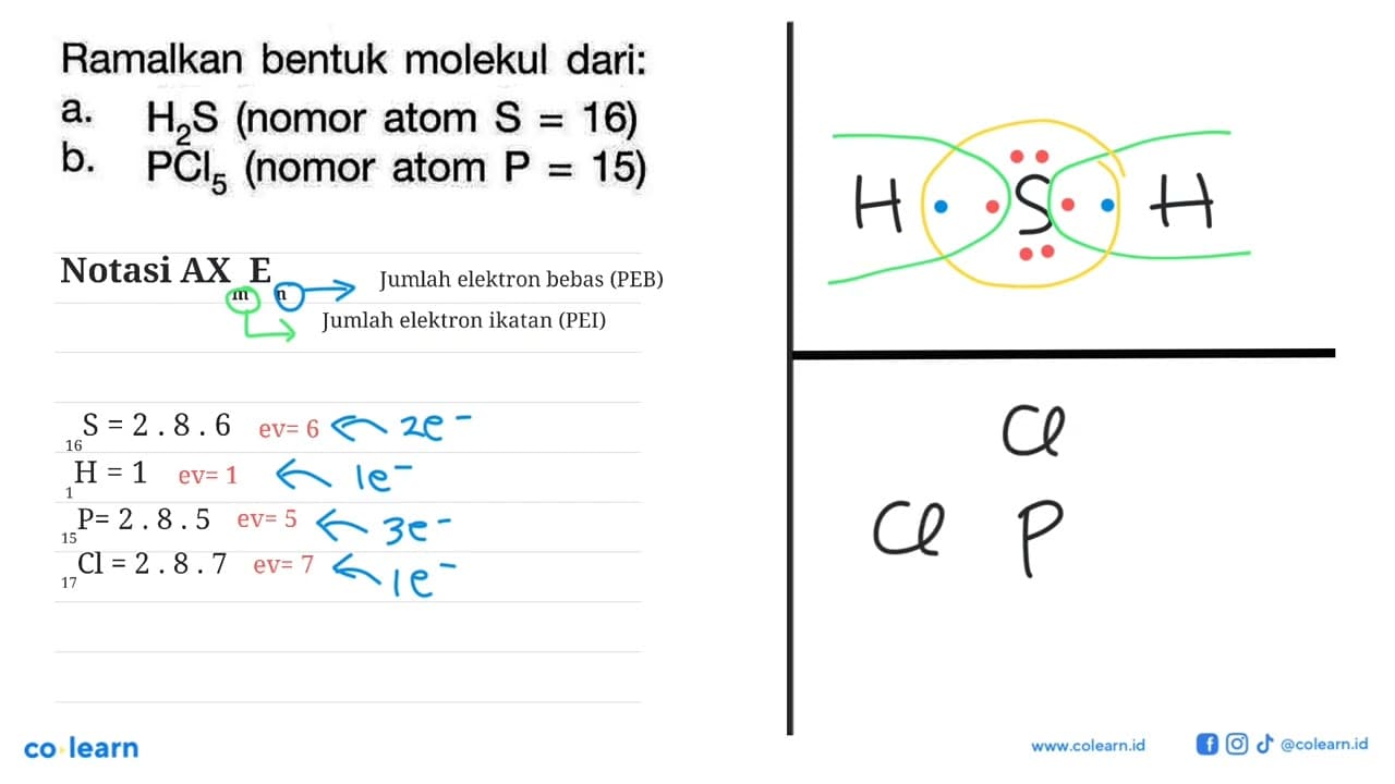 Ramalkan bentuk molekul dari: a. H2S (nomor atom S = 16) b.