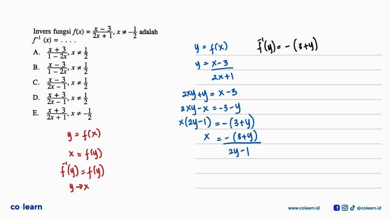 Invers fungsi f(x)=(x-3)/(2x+1), x=/=-1/2 adalah