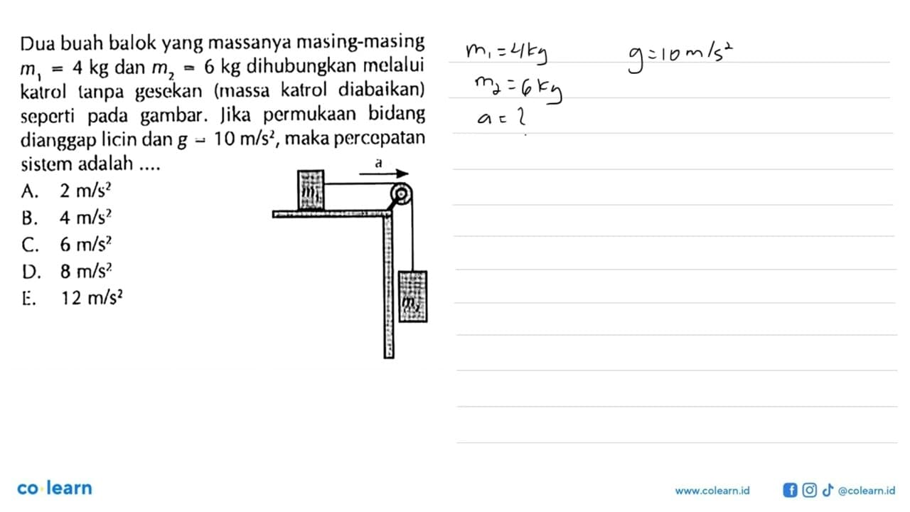 Dua buah balok yang massanya masing-masing m1=4 kg dan m2=6