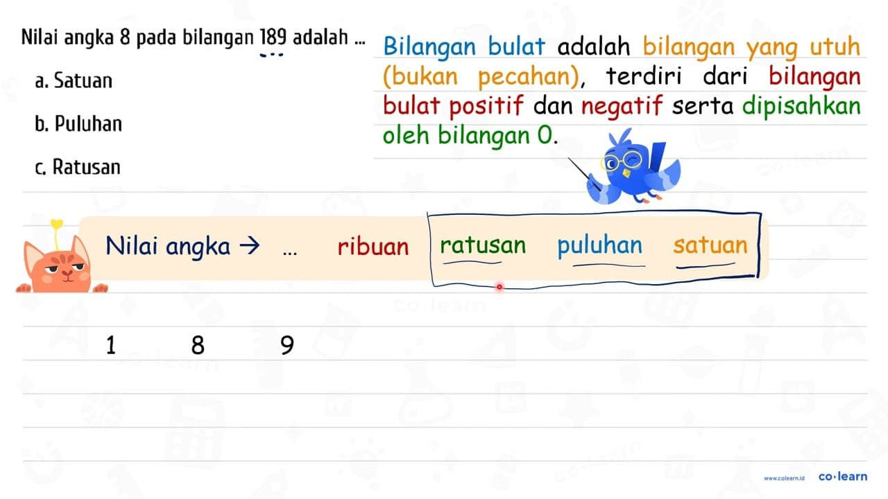 Nilai angka 8 pada bilangan 189 adalah ... a. Satuan b.