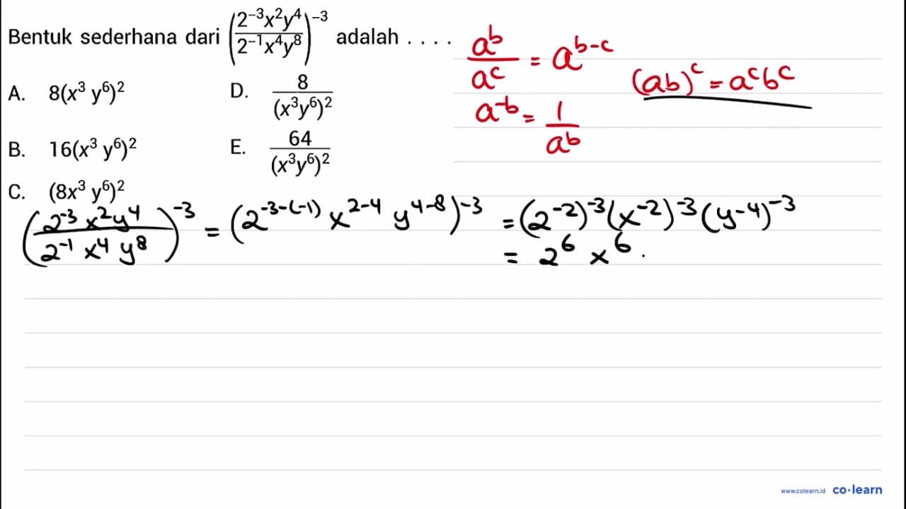 Bentuk sederhana dari ((2^(-3) x^(2) y^(4))/(2^(-1) x^(4)