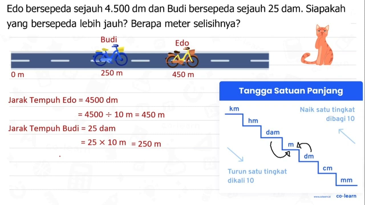 Edo bersepeda sejauh 4.500 dm dan Budi bersepeda sejauh 25