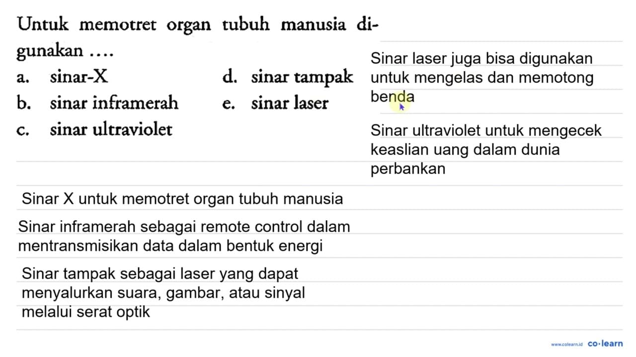 Untuk memotret organ tubuh manusia digunakan .... a. sin a